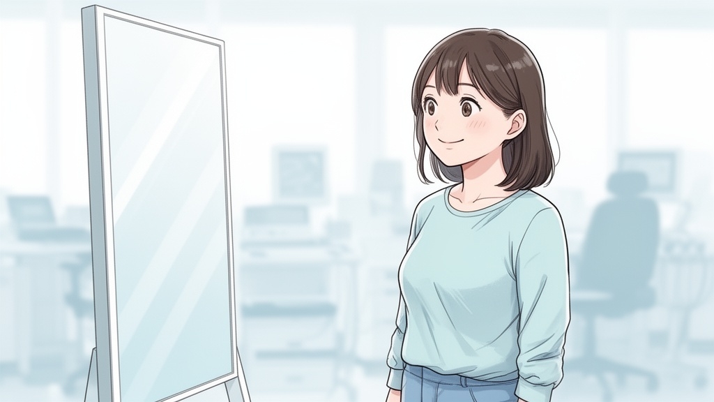 脂肪吸引で理想のボディラインを手に入れ、鏡の前で微笑む女性