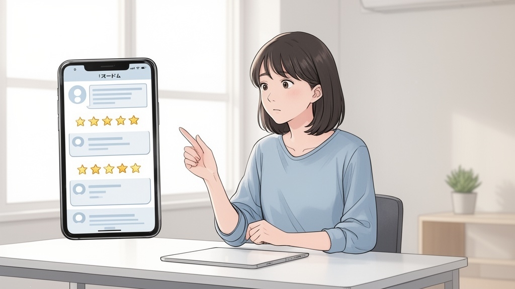 スマホでザ・クリニックの評判や口コミをチェックする女性