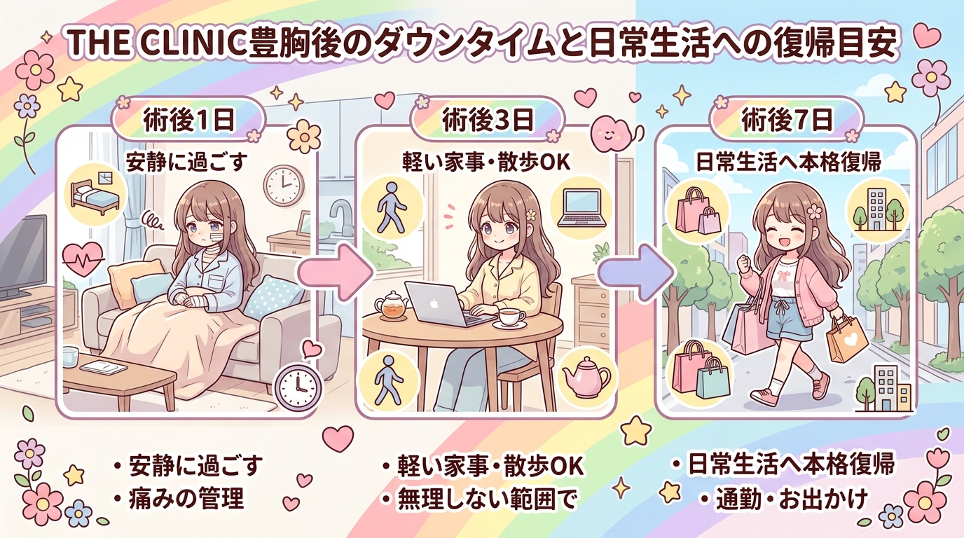 THE CLINIC 豊胸のダウンタイムと日常生活への復帰目安イメージ