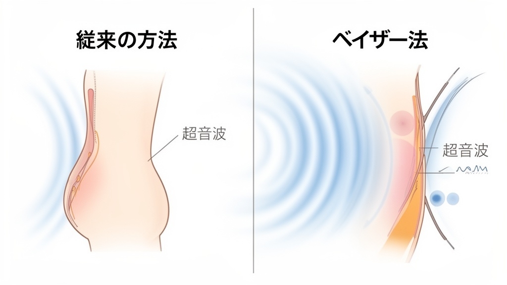 従来の脂肪吸引とベイザー脂肪吸引の違いを説明する比較図